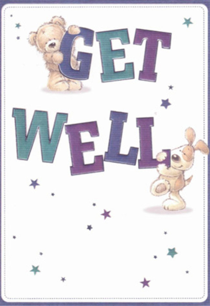 Imagine opening a get well card as gentle as a fresh spring morning in Dartmouth Park-this charming design is both playful and comforting. At its center, a lovable teddy bear, in deep caramel hues, balances atop the first word, his fluffy arms stretched wide in a gesture of heartfelt support. Just below, a puppy with velvety cream-and-tan ears leans into the bold, vibrant letters spelling 'WELL,' as though lending its own warmth. Both characters' fur is meticulously illustrated for a tactile feel, every strand crafted with the same attention to softness and balance as a hand-tied bouquet from a nearby Dartmouth Park florist. Hues of regal purple and tranquil teal flow through the three-dimensional lettering, adding pops of brightness that evoke the colours of wildflowers spotted in Highgate's pocket gardens. Overhead and throughout, twinkling illustrated stars in delicate blues and violets drift across a pristine white ground, conjuring a magical, optimistic atmosphere reminiscent of dusk along Dartmouth Park Hill. The composition communicates comfort, sincerity, and cheer, each detail layered to evoke the sensation of being genuinely cared for. Like flowers chosen to convey encouragement, every aspect is both intentional and meaningful-a visual and emotional salve destined to lift the recipient's spirits.