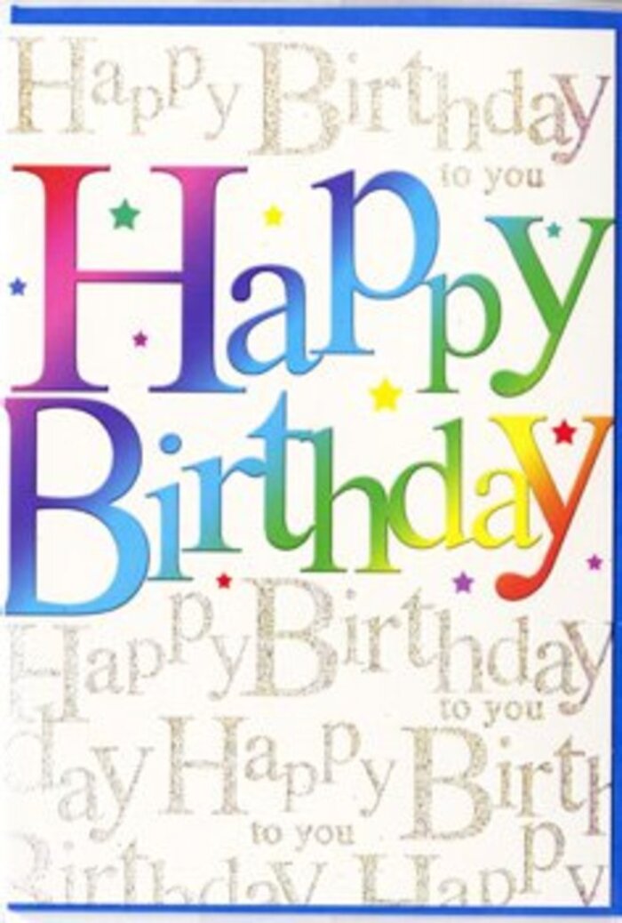 The birthday card in the image offers a full, joyful display of colour and texture, crafted with the same careful eye for balance that a florist in Dartmouth Park Flowers might bring to a celebratory bouquet. Across the centre, the words Happy Birthday dominate the scene in grand, eye-catching letters, each one generously sized and slightly rounded, creating a friendly, approachable feel. Rather than a single flat shade, every letter is filled with a smooth gradient, shifting from one tone to the next-starting with rich berry reds and warm magentas, moving into glowing oranges and golden yellows, then cooling into fresh greens, aquas, and finally deep, royal purples. These transitions are velvety and fluid, reminiscent of petals blending in a mixed arrangement, or the way evening light changes as you stroll from Tufnell Park into Dartmouth Park. Light, playful specks of colour-tiny stars, dots, and flecks-float around the letters, like a scatter of confetti caught mid-air at a birthday toast, adding movement and a sense of fun without cluttering the design. Behind this bold typography, a backdrop of elegant gold script repeats the phrase Happy Birthday to you in graceful, looping handwriting that flows horizontally across the card. The script is fine and delicate, almost like a whisper of metallic ink, and appears to glint subtly as if printed with a light foil or pearlescent finish. This layered background pattern gives depth, as though the heartfelt wish is echoing behind the main greeting. The base of the card is a soft white or gentle cream, lending clarity and brightness to the rainbow lettering. Overall, the card feels celebratory, modern, and heartfelt-a piece that would look perfectly at home propped alongside a fresh arrangement on a windowsill overlooking the trees of Dartmouth Park.