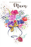 This Mother's Day card presents a lively bouquet rendered in sweeping watercolour strokes, as if it has been painted in one joyful, uninterrupted breath. At the centre, lush blossoms in saturated pink, cerise, and magenta take focus, their petals gently edged with deep indigo to give them definition and a painterly sense of depth. Surrounding these are cooler blooms in lavender and blue, with hints of apricot, soft yellow, and fresh chartreuse foliage weaving between them, mirroring the varied planting seen in Dartmouth Park's neighbourhood gardens. Fine golden accents skim the edges of selected petals and leaves, creating a subtle shimmer, like sunlight catching on a vase set near a bright kitchen window. The flowers gather into a stylised vase with smooth, rounded curves and a narrow top, cinched by a slender golden bow that recalls the careful finishing of a hand-tied bouquet ready for local delivery. All around, the white background is animated with light splatters of colour, painted hearts, and airy dots that feel like petals or confetti drifting on a gentle breeze. The scene is at once exuberant and tender, radiating the love and gratitude that define Mother's Day. The overall composition feels as thoughtfully arranged as any bouquet crafted by Dartmouth Park Flowers, balancing bold colour with soft space, and turning a simple card into a keepsake that celebrates the enduring bond between mother and child.