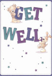This get well card immediately evokes the friendly, reassuring mood that resonates throughout Dartmouth Park. Two delightfully illustrated companions-a teddy bear with golden-brown fur and a floppy-eared puppy in creamy hues-playfully balance oversized letters that spell out a bold 'Get Well.' The artistic detail suggests the softness of their fur, offering a sense of tactile comfort akin to fresh petals brushed by a morning breeze from Waterlow Park. The indigo and teal tones of the text pop against the gentle, creamy white background, their cheerful vibrancy mirrored by clusters of starlike bursts in purples and blues that twinkle across the design. Each star seems to carry an individual wish of recovery, embodying optimism much like a local bouquet delivered to a neighbour in need. The expressive faces of the bear and puppy radiate kindness, each brushstroke imbued with a heartfelt sincerity that matches the care found at Dartmouth Park Flowers. Altogether, this image feels like a gentle embrace-a thoughtful act meant to brighten the hardest day, delivering hope and genuine cheer, just like a fresh floral arrangement crafted for recovery here in the heart of Dartmouth Park.
