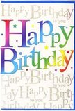 A single birthday card stands proudly, its front design capturing the same bright, uplifting spirit as a colourful celebration in one of Dartmouth Park's cosy cafés. At the heart of the card, the words Happy Birthday stretch in large, confident letters that seem to almost float off the surface. Each character is drenched in a fluid gradient that flows effortlessly from one colour into another: bold crimson recedes into coral and tangerine, then softens into sunshine yellow before cooling into emerald green, teal, and finally deep amethyst, creating a ribbon of colour reminiscent of a festive bunting strung across a local garden party. The edges of the colour are gently feathered, lending the letters a soft, almost airbrushed quality against the smooth, high-quality card stock. Dancing across and between these letters are tiny accents-little multicoloured stars, dots, and sparkles-suggesting confetti, sparklers, or the glint of fairy lights around a birthday cake. The background is beautifully layered with fine gold script, the phrase Happy Birthday to you repeated in a delicate, looping pattern from side to side. This script appears to shimmer subtly, as if picked out in metallic foil that catches every shift of light, much like the gleam of late afternoon sun over nearby Parliament Hill. The underlying colour of the card remains light and neutral, ensuring the rainbow lettering and golden script stand out clearly. Altogether, the design conveys warmth, joy, and a thoughtful touch of elegance-an ideal card to accompany a hand-tied bouquet delivered to a home in Dartmouth Park, turning a simple birthday greeting into a keepsake brimming with celebration.