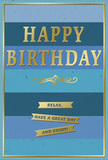 This birthday card features a tranquil blend of blue tones and polished gold details, creating a feeling of relaxed celebration that would suit a quiet gathering in Dartmouth Park. The background is made up of wide stripes running horizontally across the card, each stripe a different shade of blue, shifting thoughtfully from deep navy at the bottom to gentler teal and sky blue hues near the top. Over this layered blue canvas, the words HAPPY BIRTHDAY stand proudly in large, embossed gold capital letters. The metallic finish glows softly rather than flashing brightly, suggesting a subtle elegance, like the gentle shine of evening light on a well-kept window in a Victorian terrace. Just below the main message, a delicate golden flourish adds a touch of vintage charm, its curves and loops forming a graceful divider. Beneath that, three slim golden banners create a tidy, balanced trio, each carrying a part of a warm wish that invites the birthday person to relax, enjoy their day, and truly make the most of it. A slim gold border runs neatly around the edges, bringing the design together with a sense of completion, similar to the final ribbon on a hand-tied bouquet. You can imagine the card standing on a shelf or sideboard in a Dartmouth Park home, perhaps next to a vase of fresh, locally delivered flowers, the blue stripes echoing a calm sky outside while the gold accents quietly signal that this is a day worth cherishing.